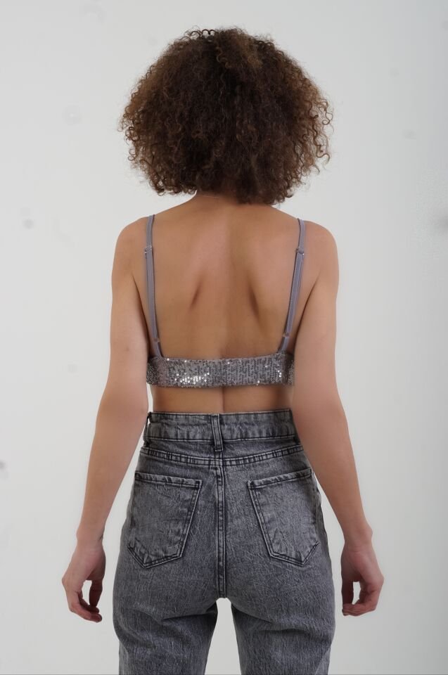 Gri Pul Payetli Pedli Büstiyer