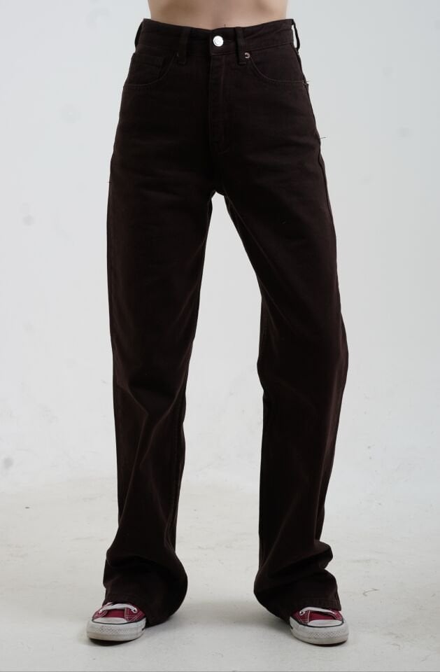 Kahve Yüksek Bel Straight Denim  Pantolon