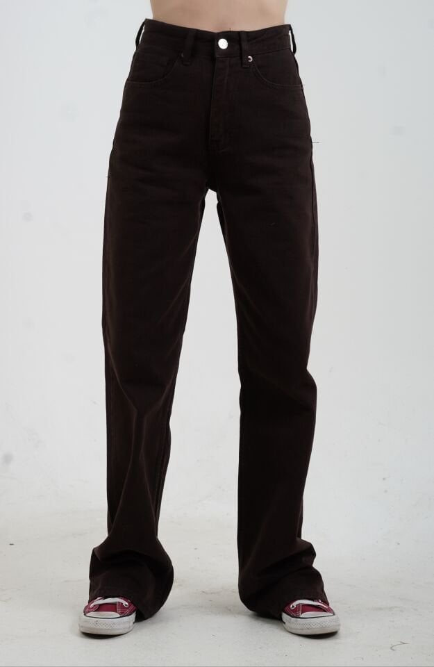 Kahve Yüksek Bel Straight Denim  Pantolon