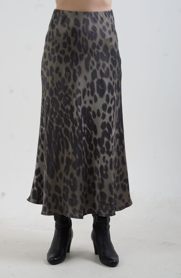 Haki Leopar Desen Saten Verev Etek