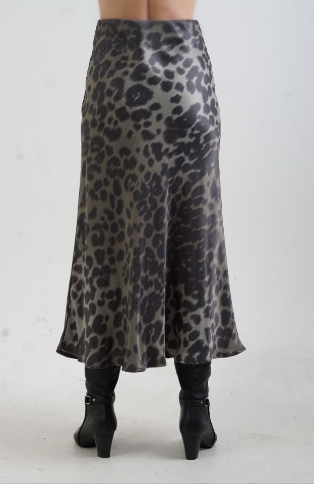 Haki Leopar Desen Saten Verev Etek