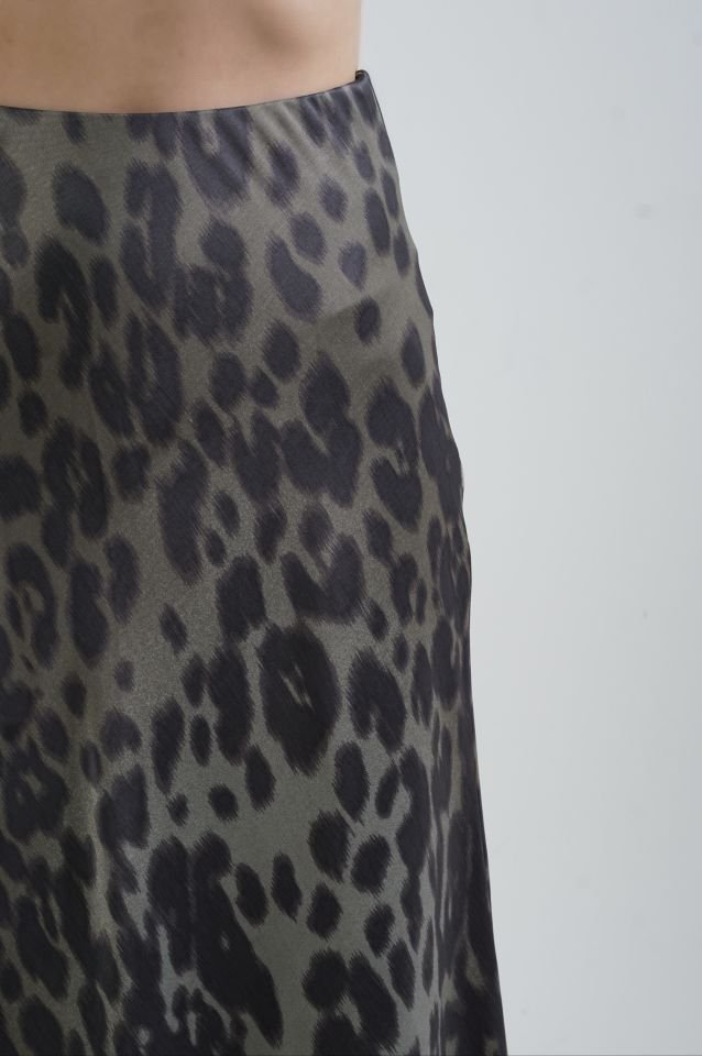 Haki Leopar Desen Saten Verev Etek
