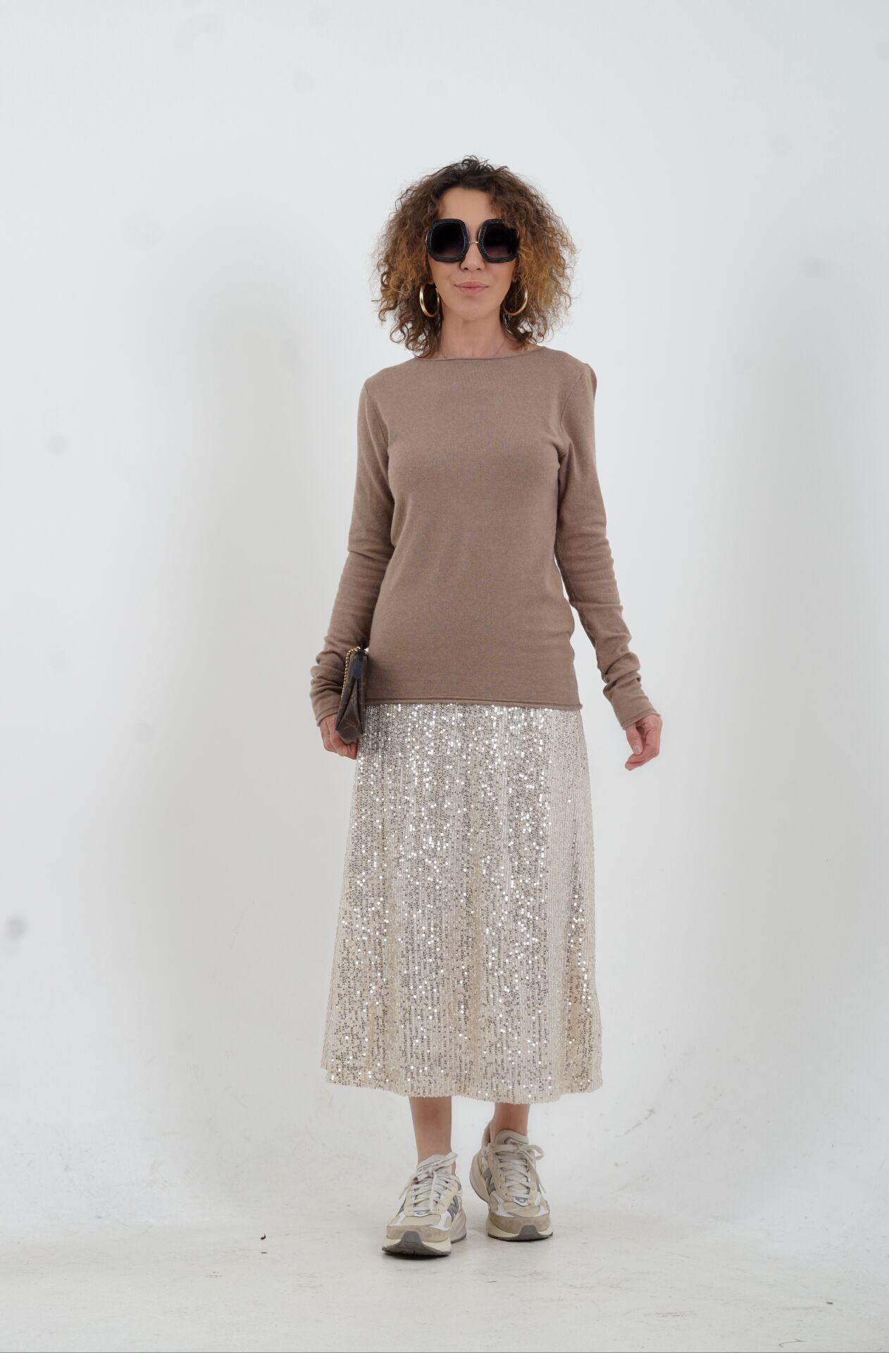Bej Pul Payetli Midi Boy Çan Etek