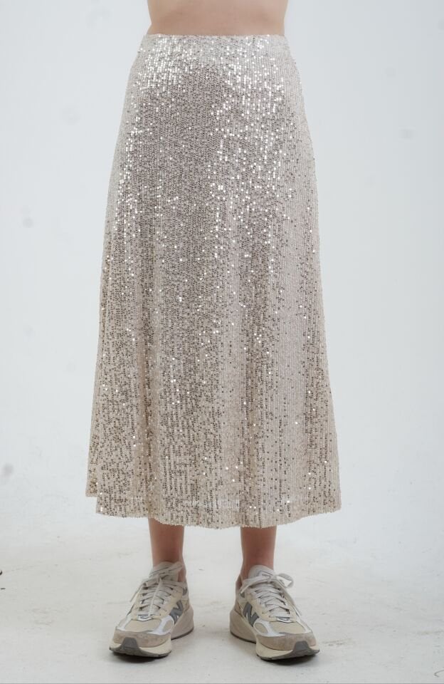 Bej Pul Payetli Midi Boy Çan Etek