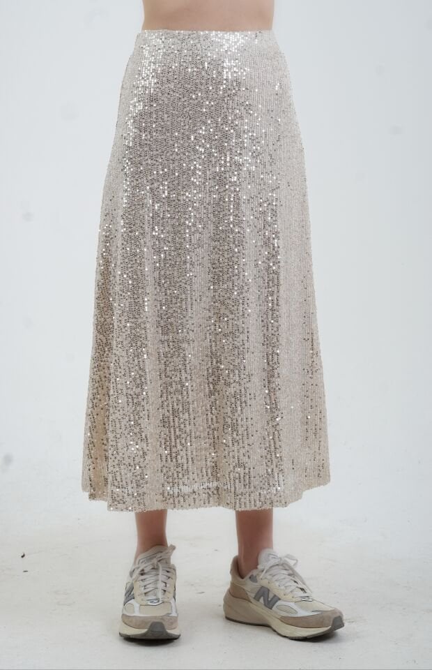 Bej Pul Payetli Midi Boy Çan Etek