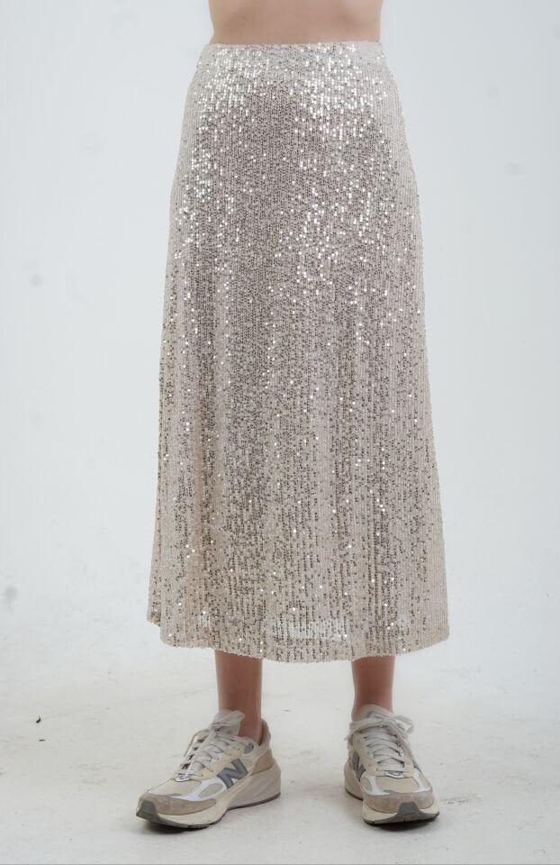 Bej Pul Payetli Midi Boy Çan Etek