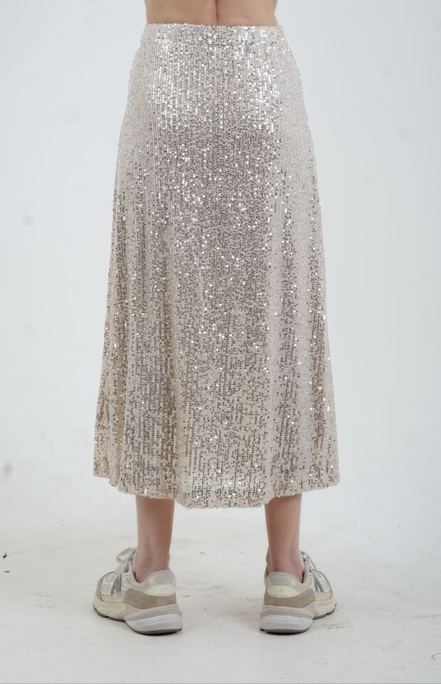 Bej Pul Payetli Midi Boy Çan Etek