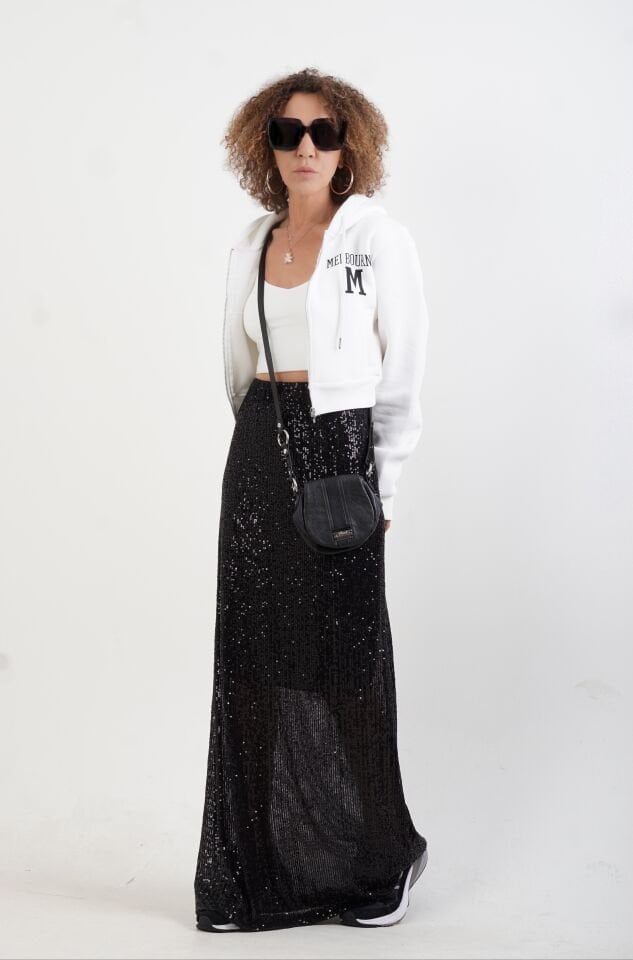 Siyah Pul Payetli Yarım Astarlı Maxi Etek