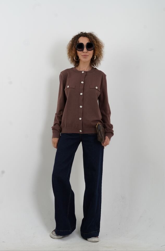 Kahve Flato Cepli Düğmeli Hırka