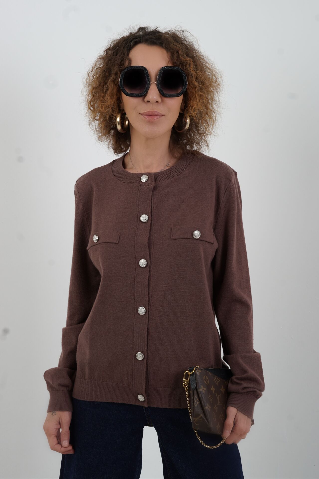 Kahve Flato Cepli Düğmeli Hırka