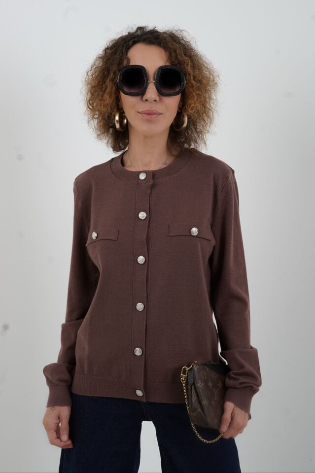 Kahve Flato Cepli Düğmeli Hırka