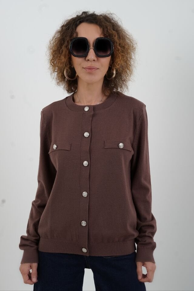 Kahve Flato Cepli Düğmeli Hırka