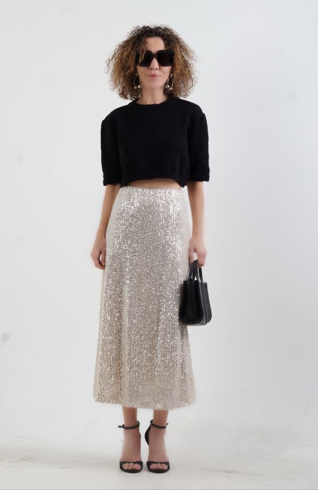 Bej Pul Payetli Midi Boy Çan Etek