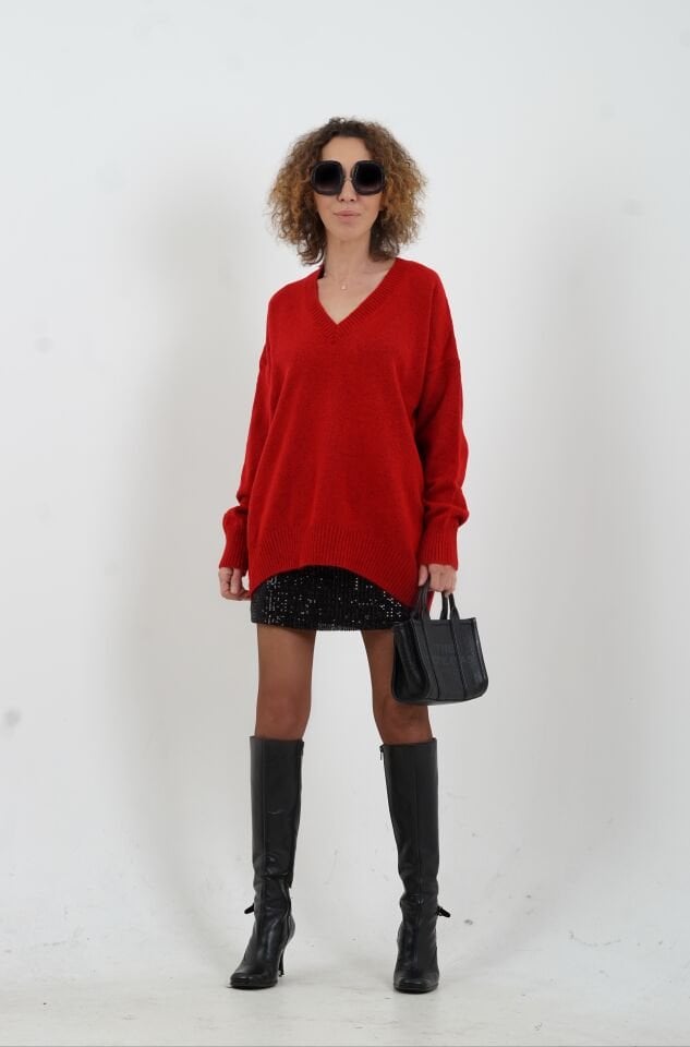 Kırmızı  Best V Yaka Kazak