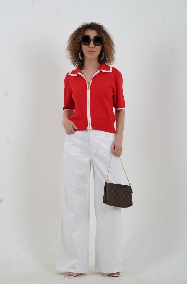 Beyaz Dökümlü Kumaş Denim Pantolon