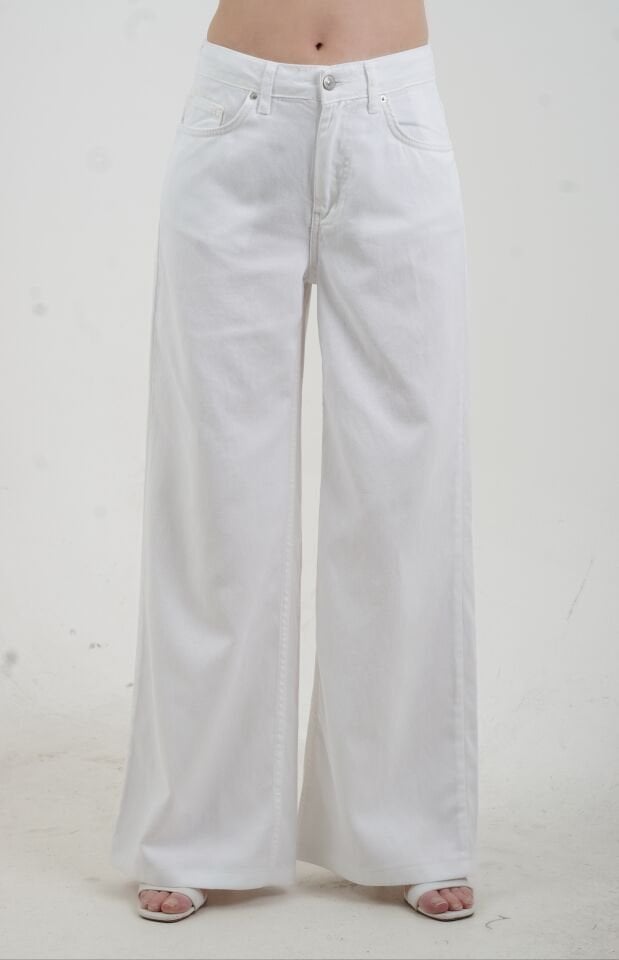 Beyaz Dökümlü Kumaş Denim Pantolon