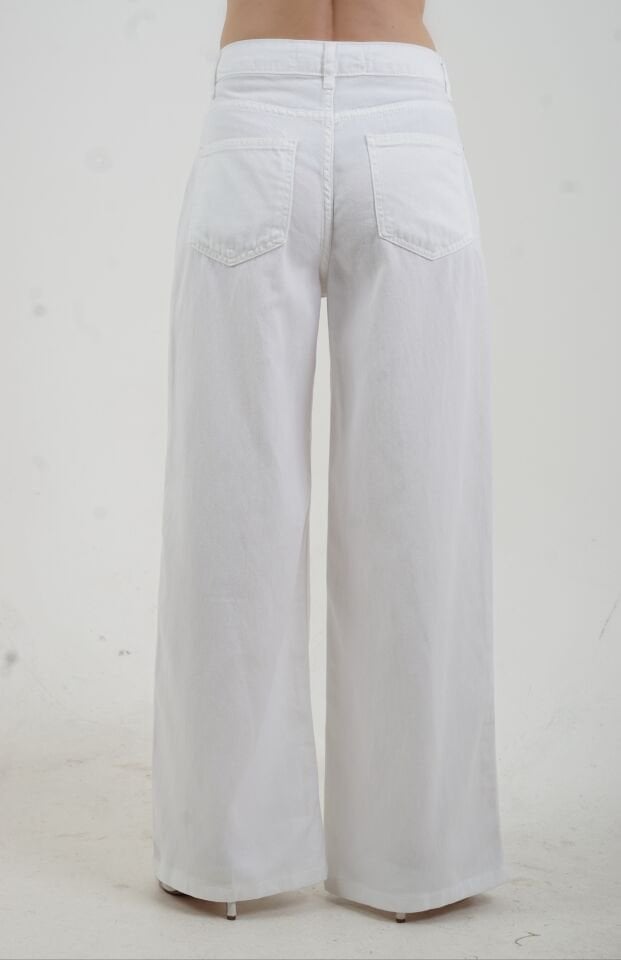 Beyaz Dökümlü Kumaş Denim Pantolon