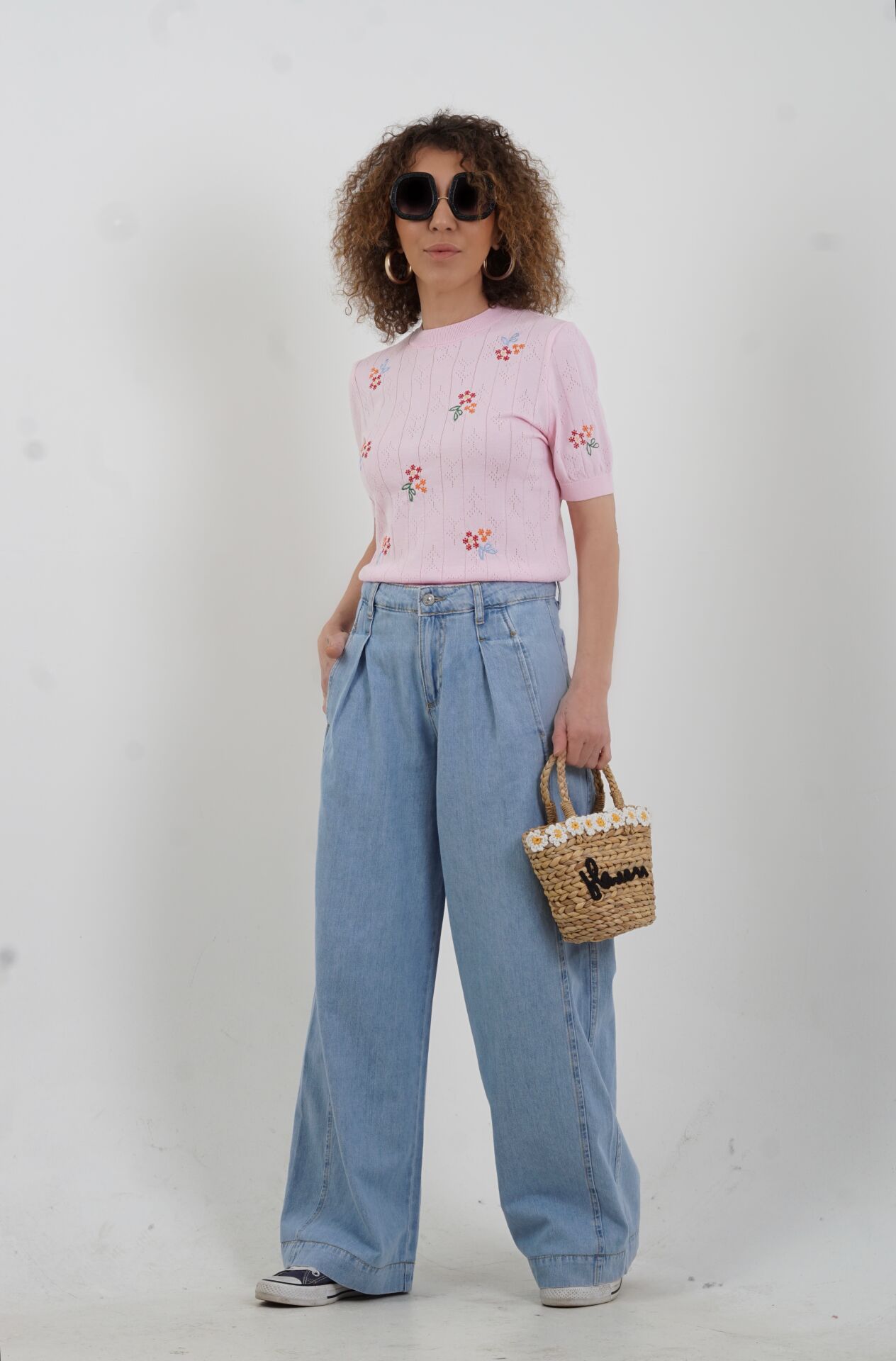 Mavi Önü Parçalı Pileli Denim Pantolon