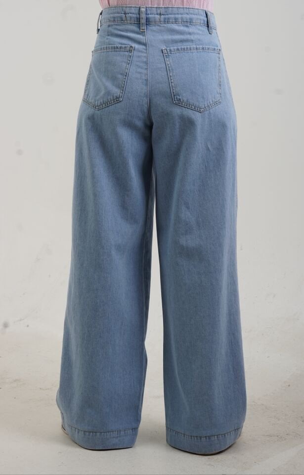 Mavi Önü Parçalı Pileli Denim Pantolon