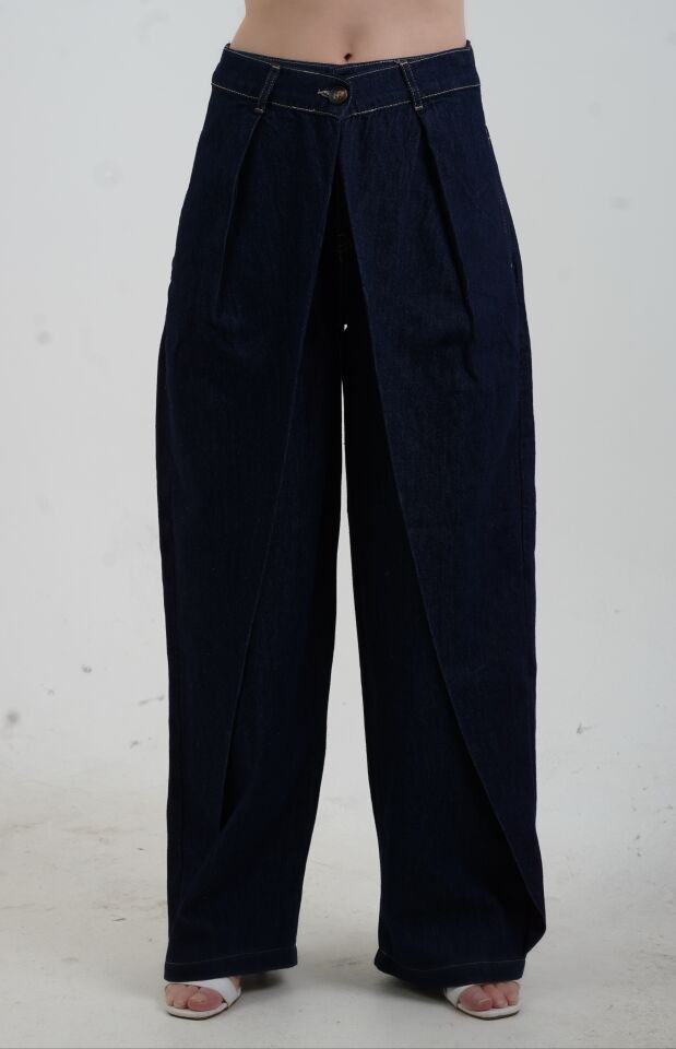 Lacivert Önü Parçalı Rahat Denim Pantolon