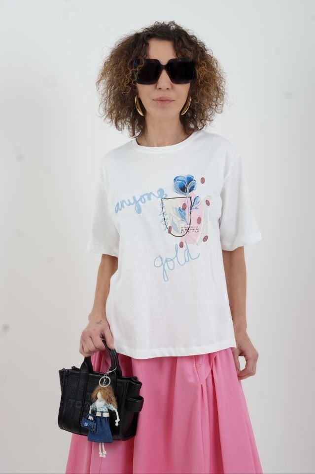 Ekru Anyone Gold Baskılı Nakışlı Tshirt