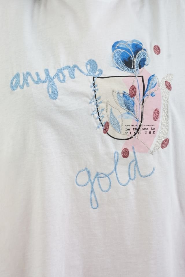 Ekru Anyone Gold Baskılı Nakışlı Tshirt