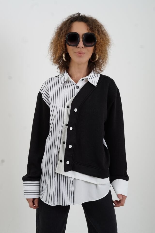 Siyah Triko Detaylı Çizgili Gömlek