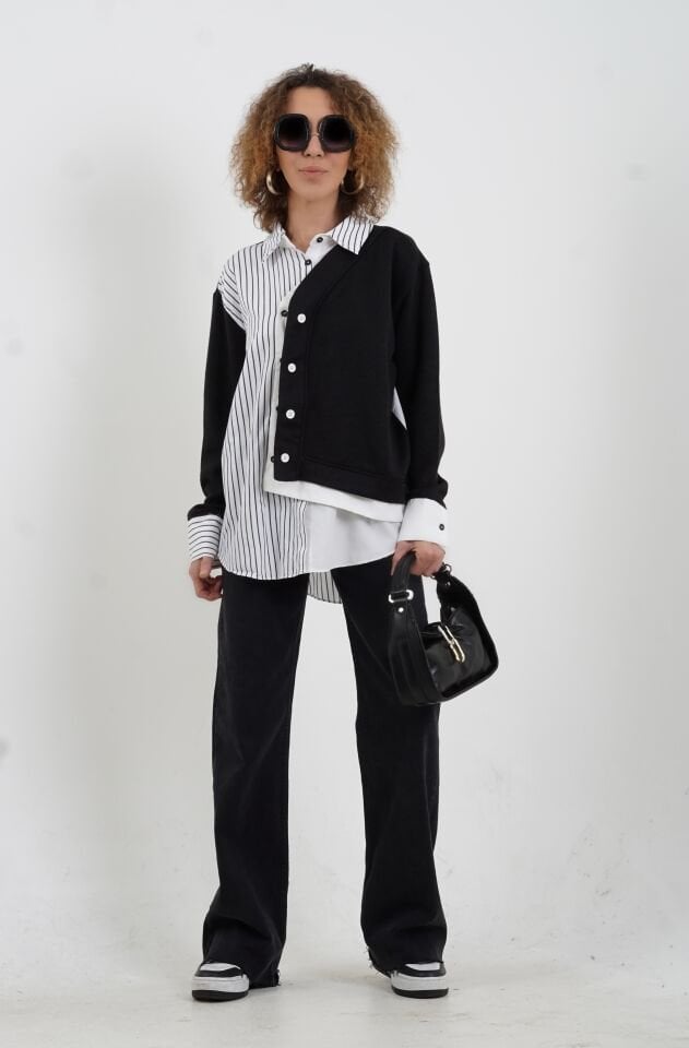 Siyah Triko Detaylı Çizgili Gömlek