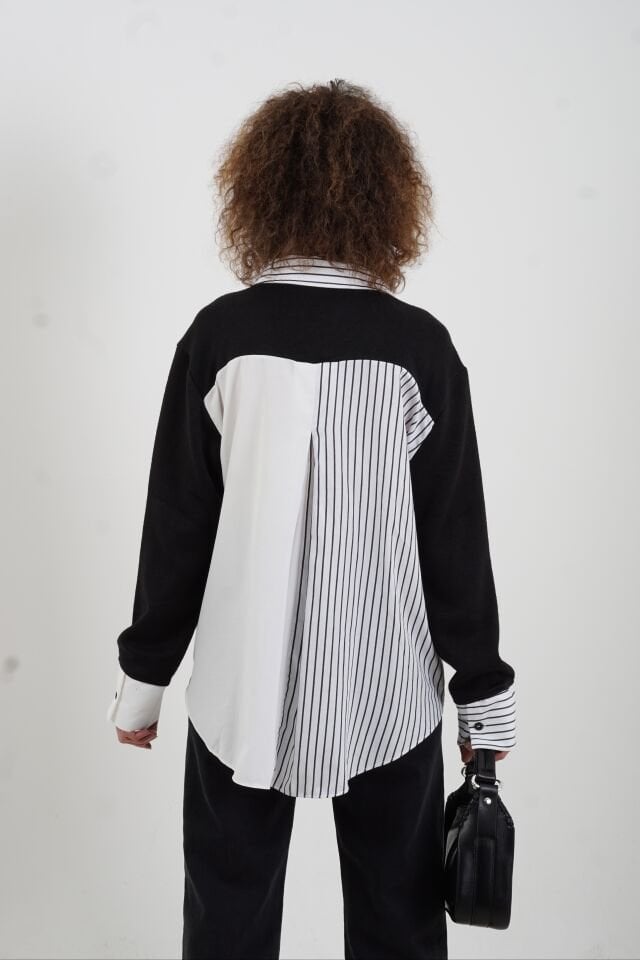 Siyah Triko Detaylı Çizgili Gömlek