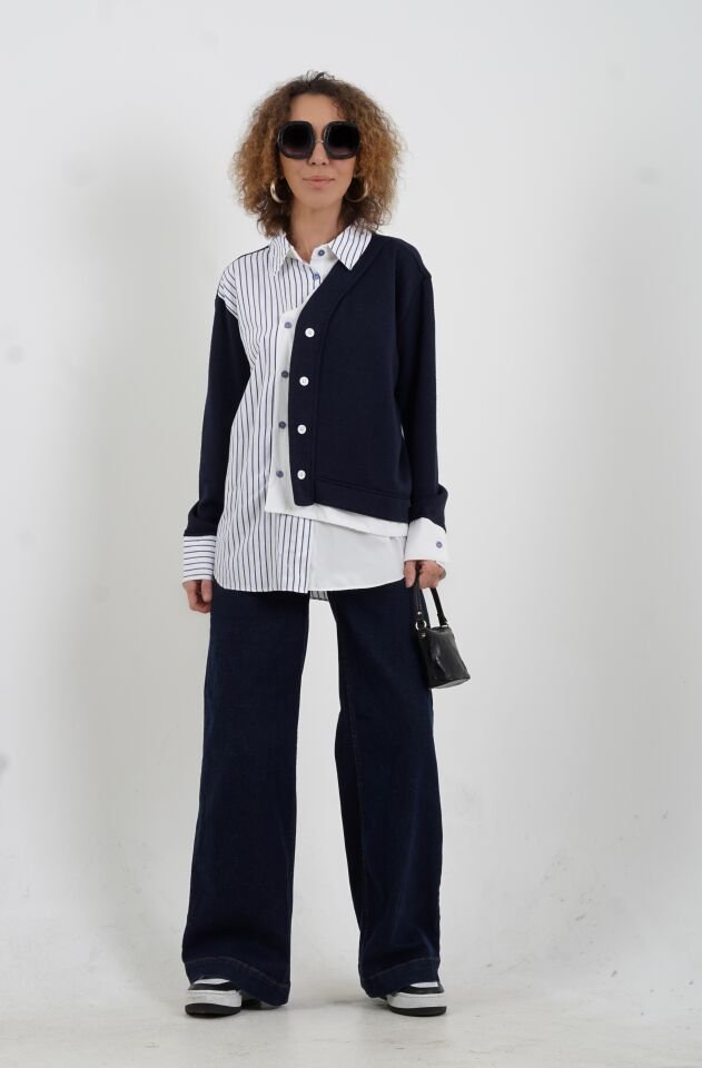 Lacivert Triko Detaylı Çizgili Gömlek