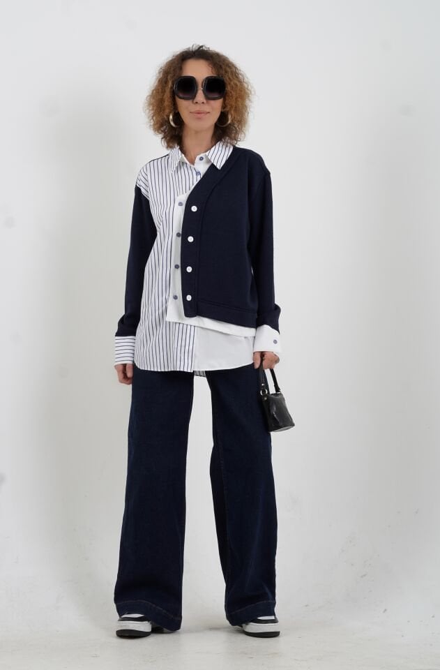 Lacivert Triko Detaylı Çizgili Gömlek