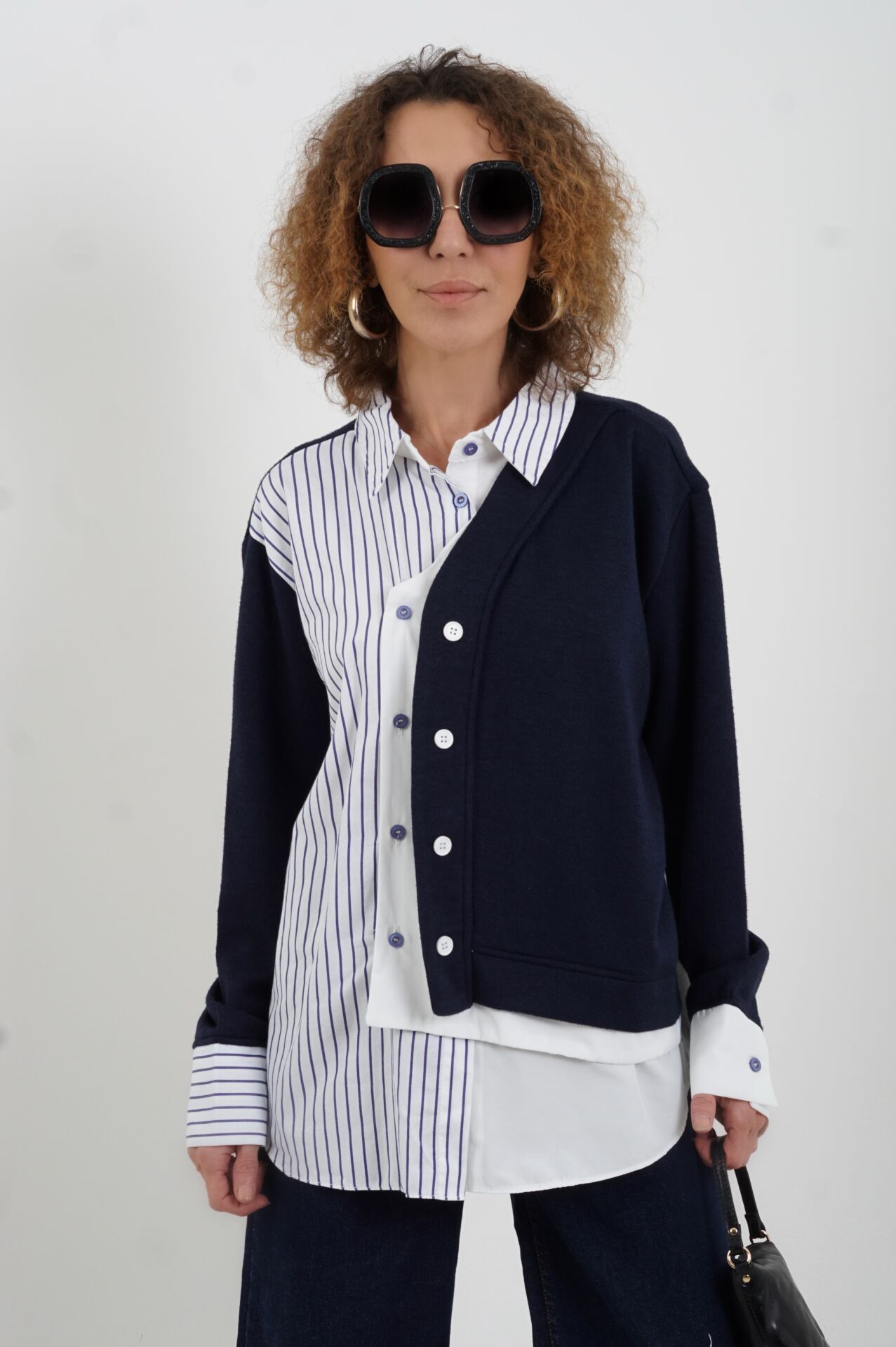 Lacivert Triko Detaylı Çizgili Gömlek