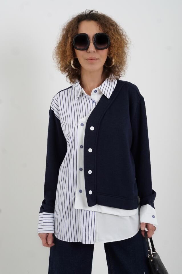 Lacivert Triko Detaylı Çizgili Gömlek