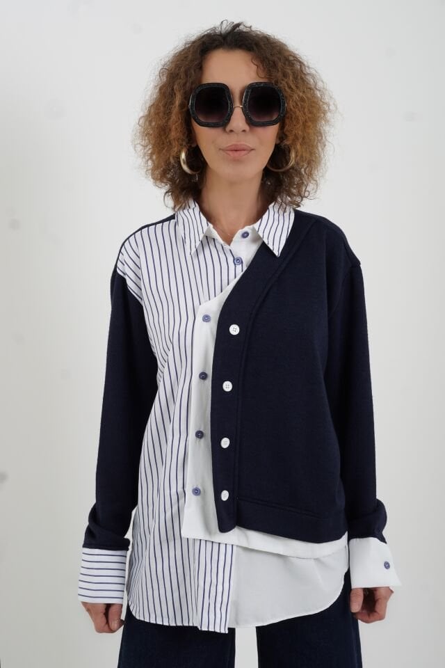 Lacivert Triko Detaylı Çizgili Gömlek