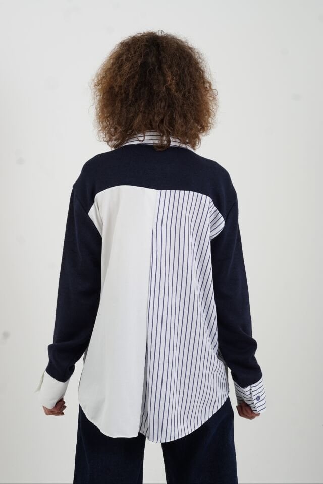 Lacivert Triko Detaylı Çizgili Gömlek