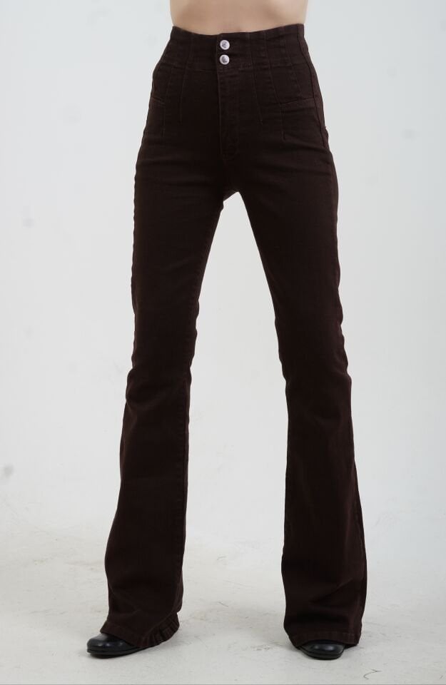 Kahve Pensli İspanyol Paça Denim Pantolon