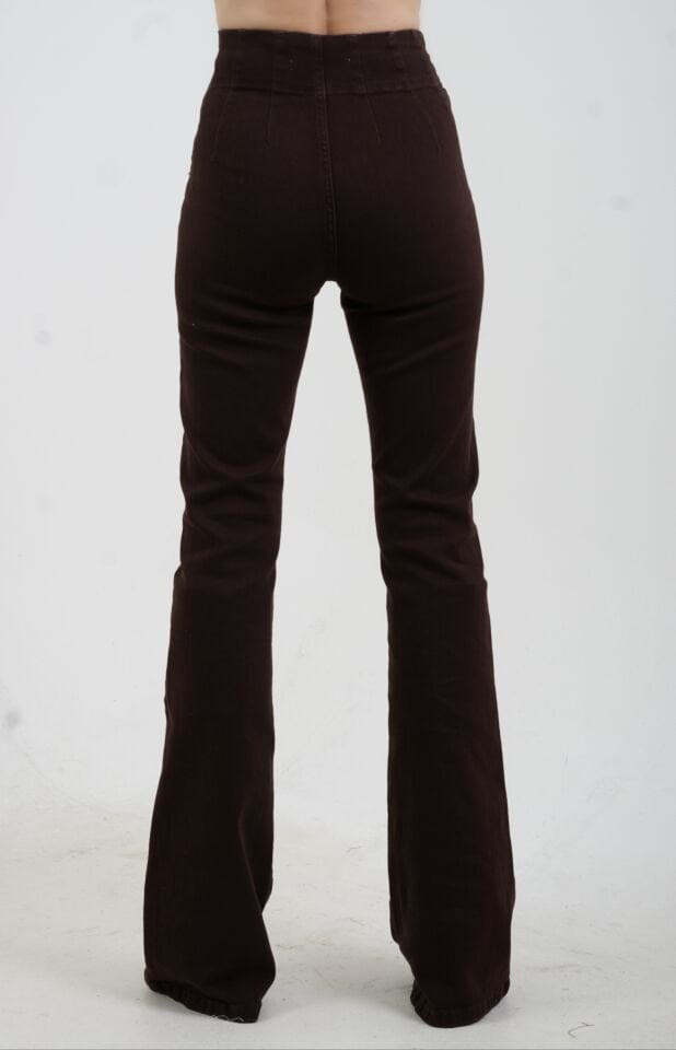 Kahve Pensli İspanyol Paça Denim Pantolon