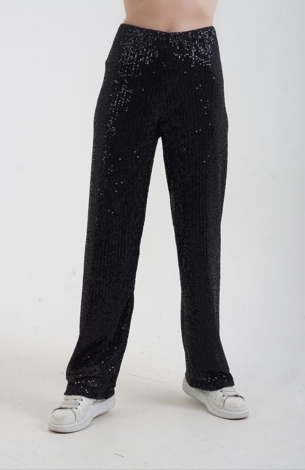 Siyah Pul Payetli Bol Paça Pantolon