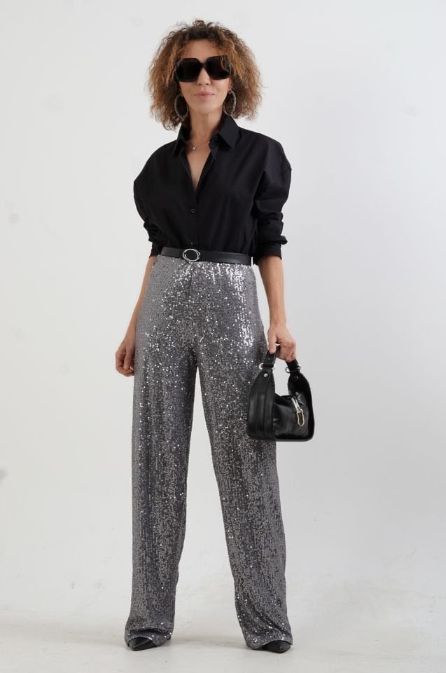 Gri Pul Payetli Bol Paça Pantolon