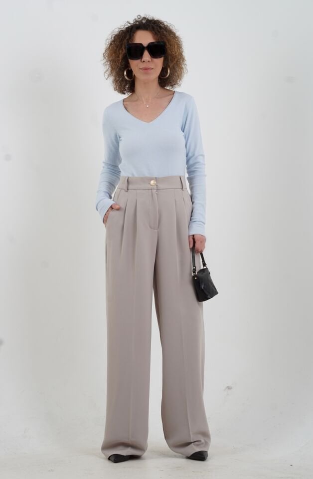 Koyu Bej Geniş Paça Pantolon