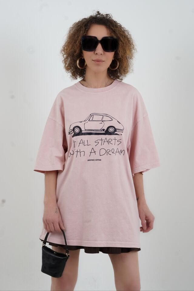 Pudra Çizgi Araba Baskılı Soluk Efektli Oversize Tshirt