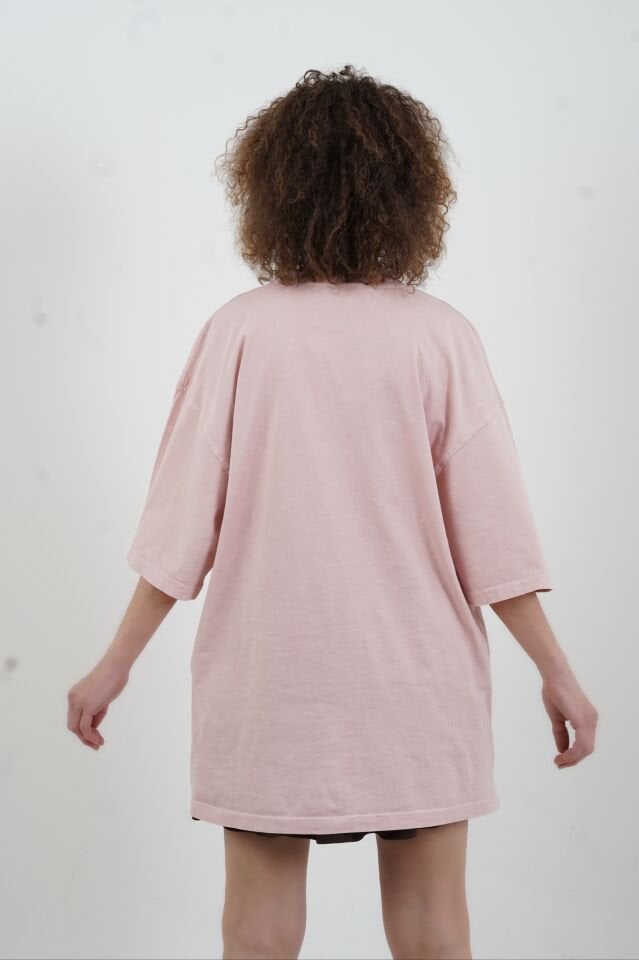 Pudra Gözlüklü Köpek Baskılı Soluk Efektli Oversize Tshirt