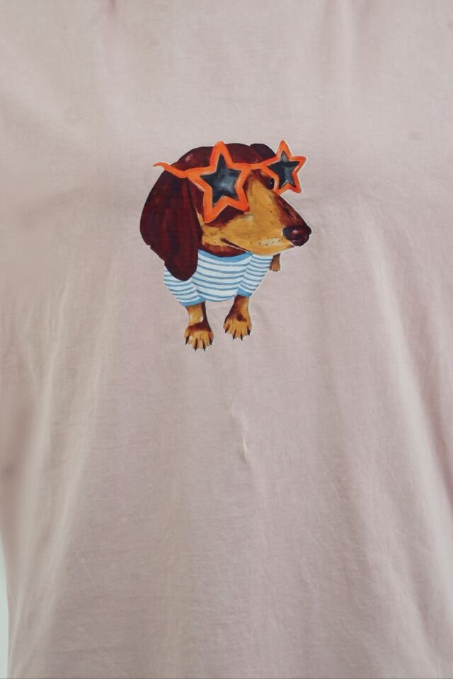 Pudra Gözlüklü Köpek Baskılı Soluk Efektli Oversize Tshirt