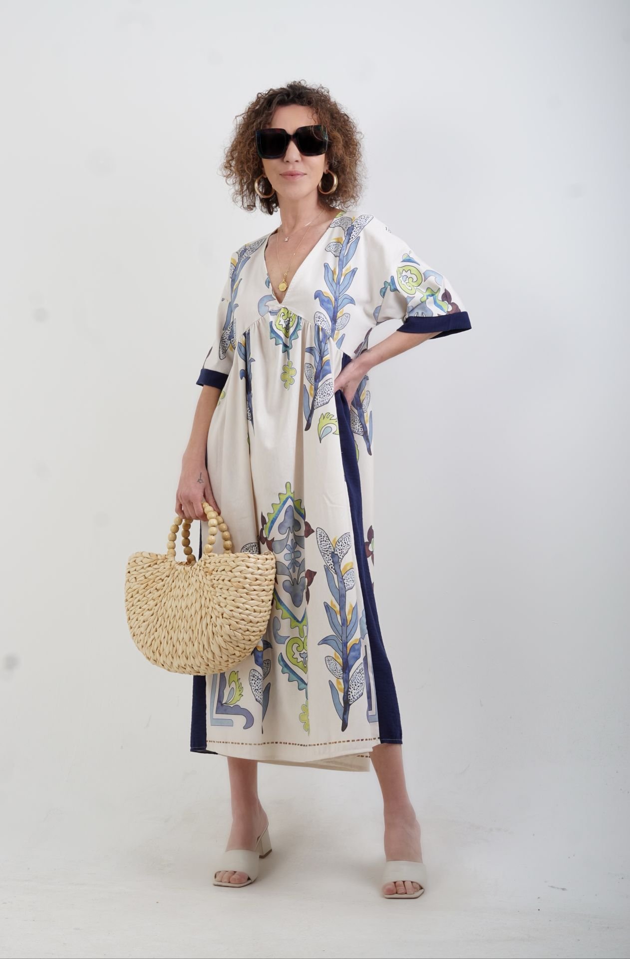 Lacivert Pano Desen Keten Karışımlı Elbise