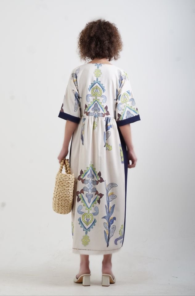 Lacivert Pano Desen Keten Karışımlı Elbise