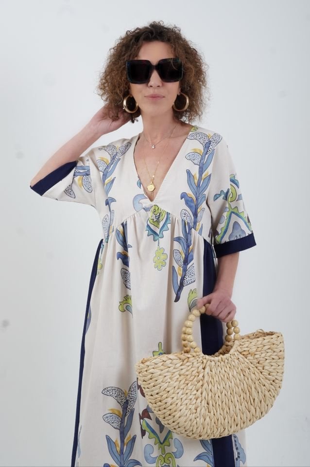 Lacivert Pano Desen Keten Karışımlı Elbise