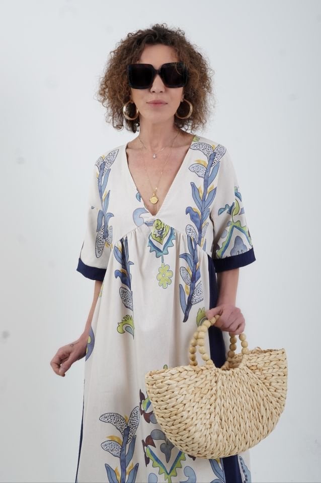 Lacivert Pano Desen Keten Karışımlı Elbise