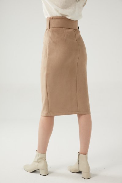 Yüksek Bel Kemerli Süet Etek