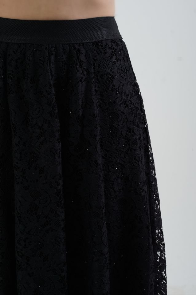 Siyah Işıltılı Astarlı Dantel Etek