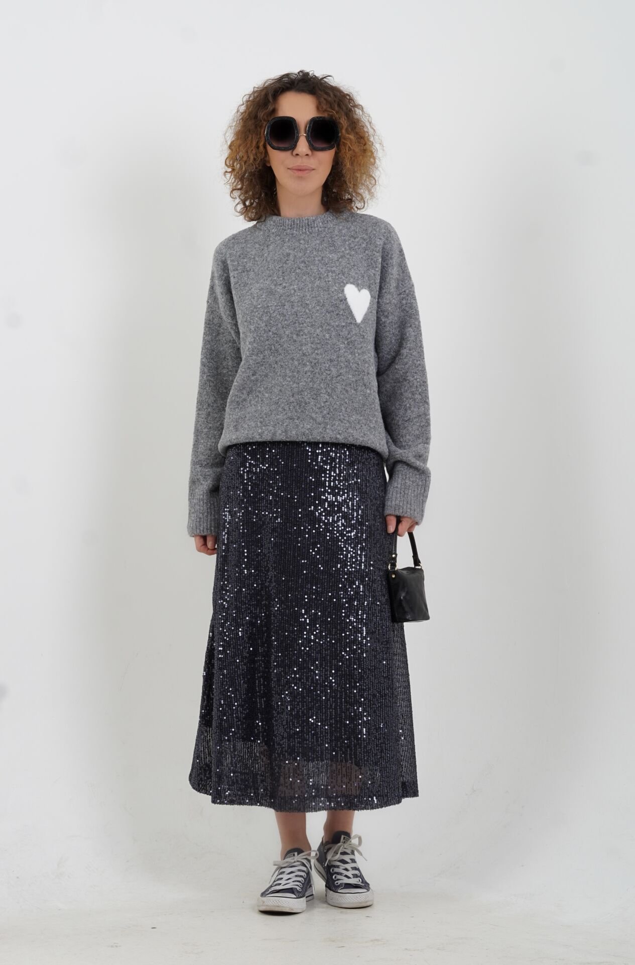 Füme Pul Payetli Midi Boy Çan Etek